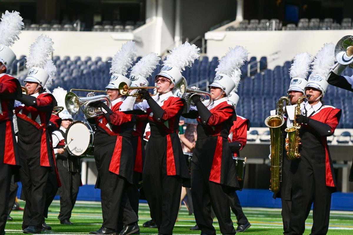 Band and Color guard perform at the SoFi Stadium: in competition with other schools. 